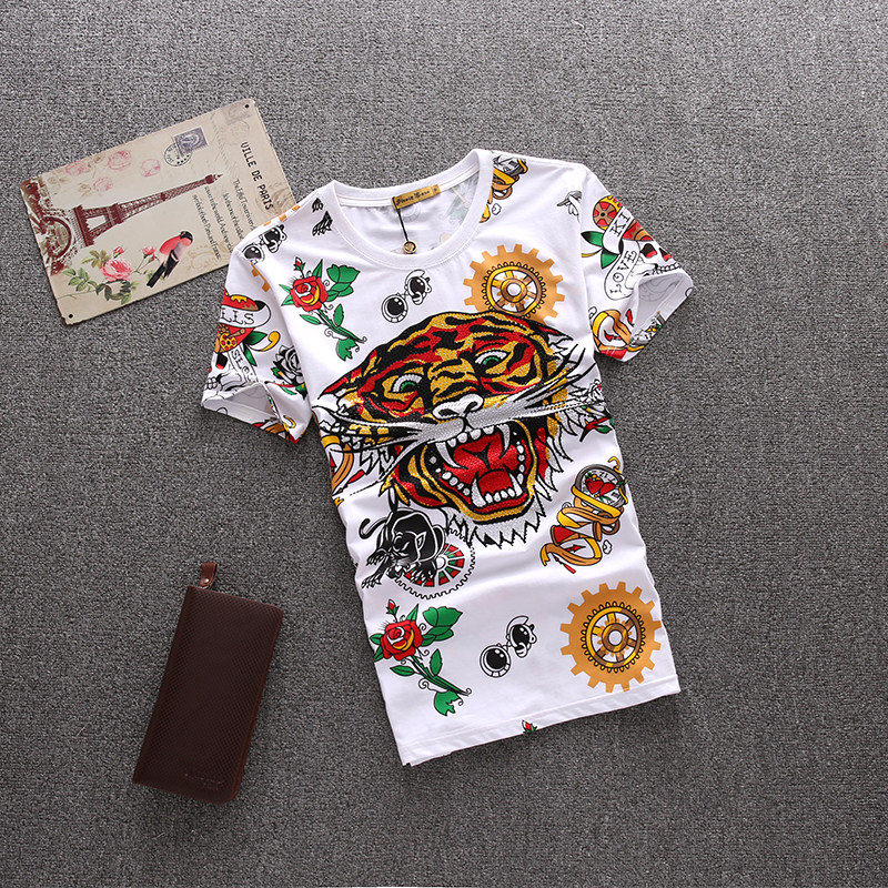 Men's pullover printed hot diamond 2021 summer new hot drill tiger head red heart skull men's short-sleeved T-shirt