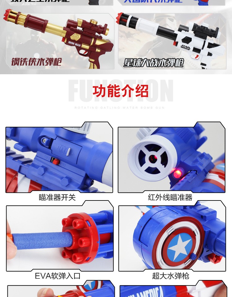 Hướng dẫn sử dụng súng nước Gatlin bom pha lê bom mềm Avengers Hoa Kỳ đội trưởng súng đồ chơi trẻ em súng ak bắn đạn xốp