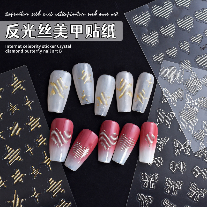 Glitter Nightclub Disco Bright Reflective Silk Thread Nail Art Sticker Embossed Reflective Silk Long Manicure Nail Decal Ornament