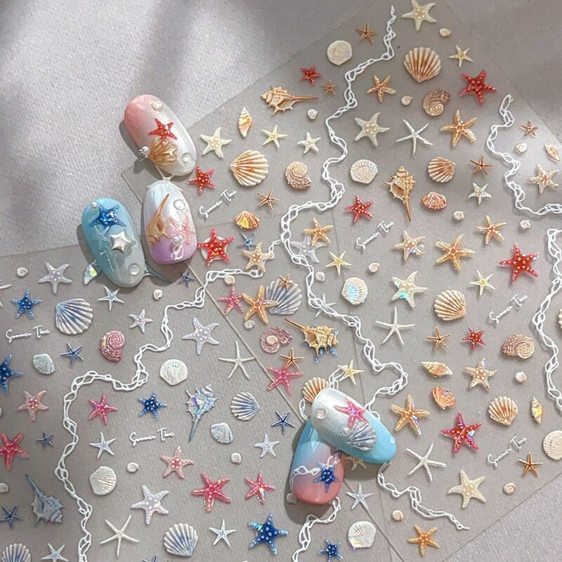 2025 New Shell Light Starfish Shell Nail Stickers Simple and Dazzling Cute Starfish Adhesive Nail Decoration
