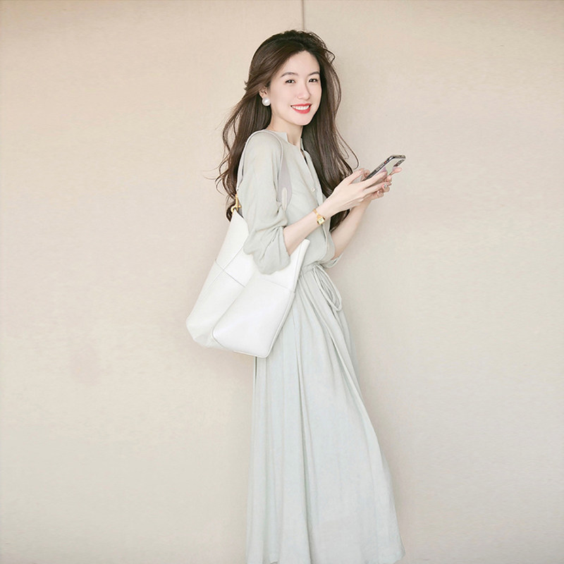 European Station new French style retro gentle wind collection waist temperament Long dress woman ultra-fairy lace shirt with dress spring-Taobao