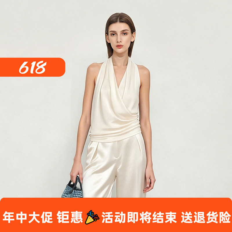Elegant Off-White Pure Cotton Halter Neck Sleeveless Top for Women, New Summer Style, Slimming, Commuter-Friendly, Stylish and High-End Tank Top Shirt Elegant Off-White Pure Cotton Halter Neck Sleeveless Top for Women, New Summer Style, Slimming, Commuter-Friendly, Stylish and High-End Tank Top Shirt