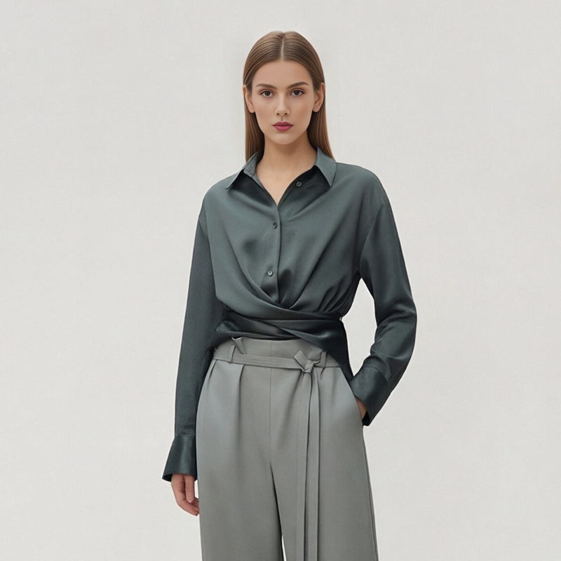 Wrap-Around Style Water Ripple Double-Sided American Naia Lyocell 100% Tie-Up Slimming Loose Shirt for Women