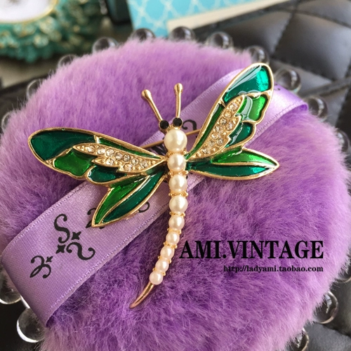 Đôi cánh màu ngọc lam Cổ điển Men ngọc trai Chuồn chuồn đồ cổ VINTAGE Rhinestone Kim cương Chuồn chuồn - Trâm cài