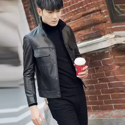 European and American simple new autumn and winter clothes first layer cowhide jacket suit collar short slim slim leather leather jacket men