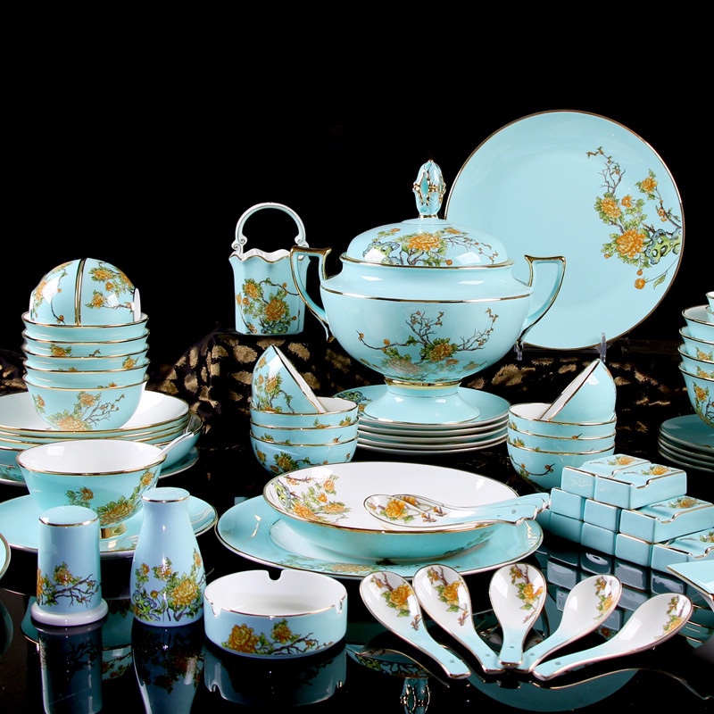 European-Style Blue Enamel Plate, Bowl, and Spoon Set for Home Use, Jingdezhen Chinese-Style Bone China Light Luxury Tableware Ceramic Gift Set