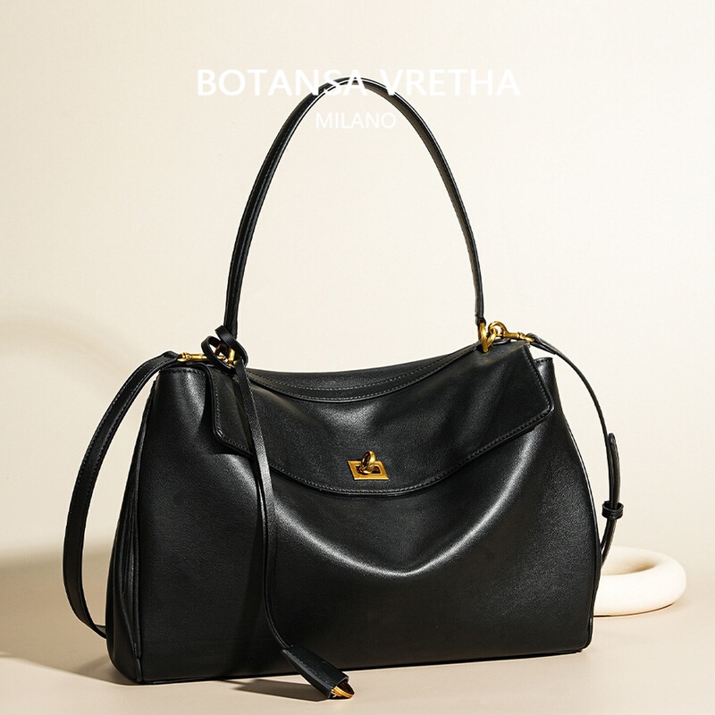 Botansa Vretha Black Leather Tote Bag for Women, Large Capacity, High-End Commuter Style Handbag and Crossbody Bag