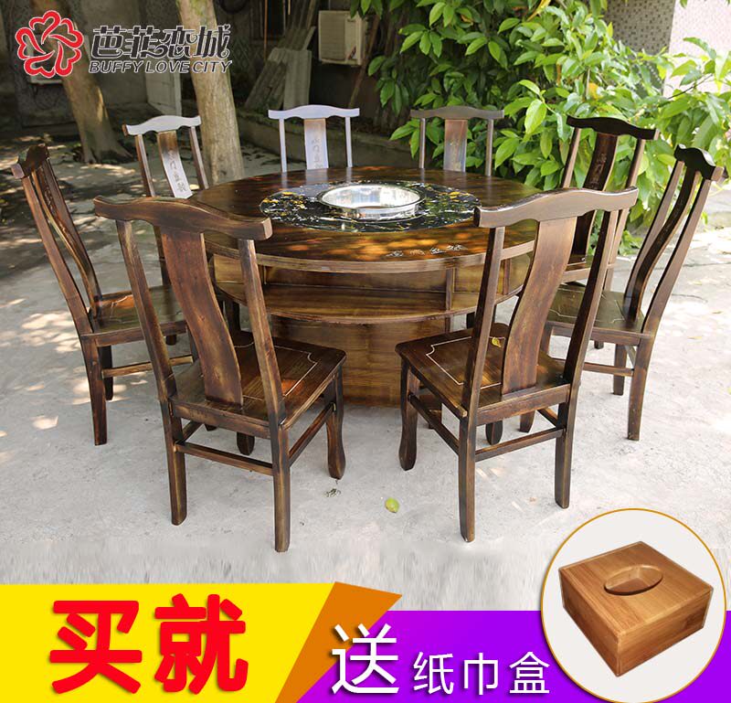 Crown manufacturer direct sales marble hot pot table and chairs combined solid wood cabinet style carved hot pot table kit induction cooktop table