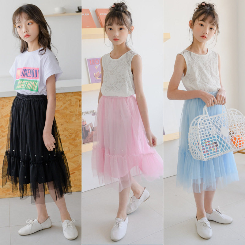Girls' skirt Korean version 2021 summer new embroidered pearl mesh princess skirt ruffled large skirt performance dress