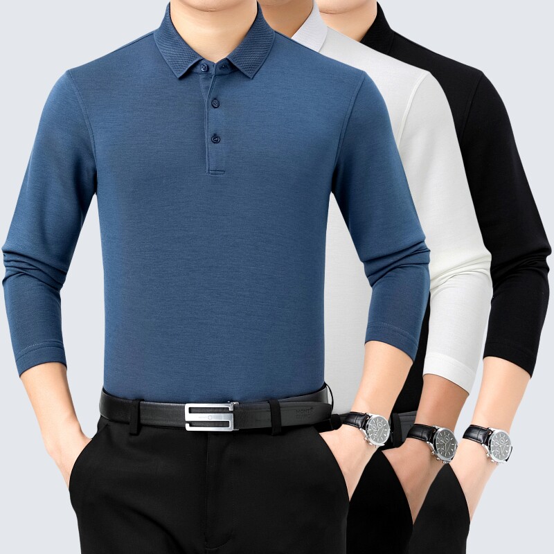 2022 autumn business middle-aged long-sleeved T-shirt men's large size lapel clothes knitted cashmere sweater pure white T-shirt T