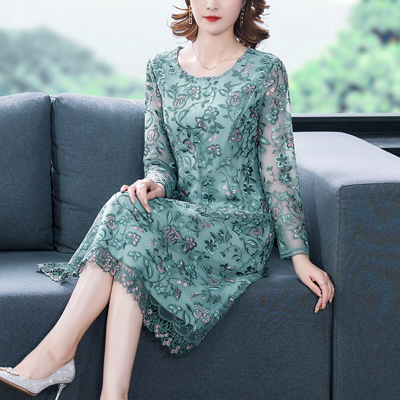 2022 autumn new fashion round neck mid-length long-sleeved dress women's mesh embroidery high-end skirt