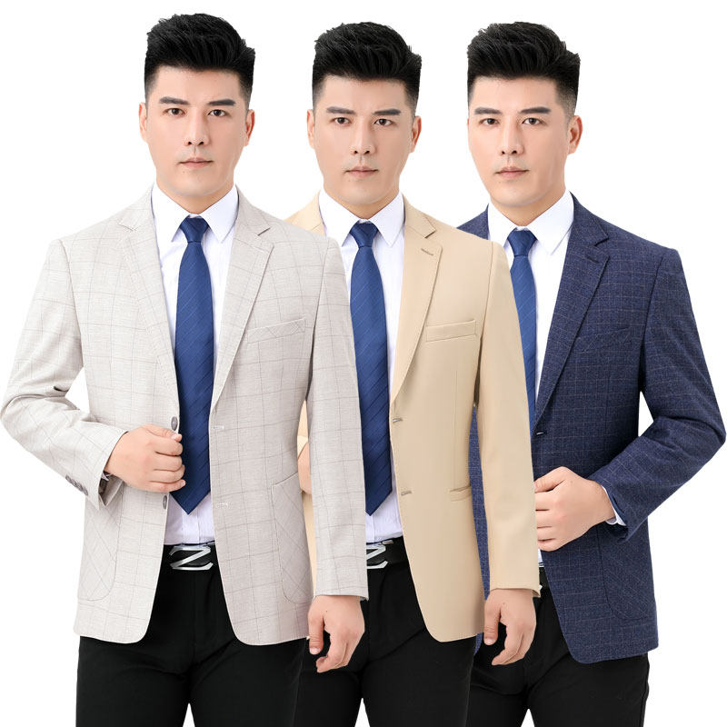 Spring and Autumn Middle-aged Men's Fashion Plaid Wool Suit Jacket Loose Large Size Solid Color Casual Work Single Suit