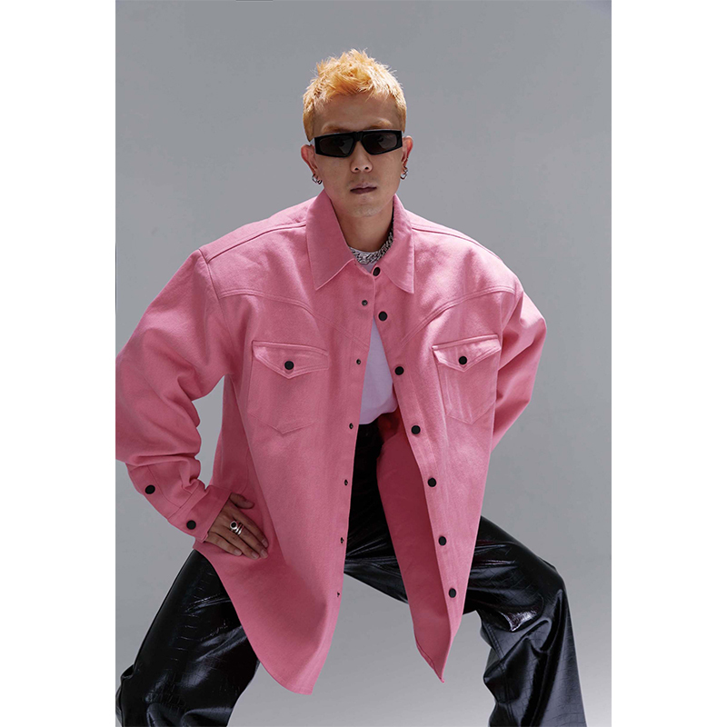 Gwhen Wide-Shouldered, Structured Silhouette, Loose Oversize Pink Denim Shirt Jacket for Men and Women