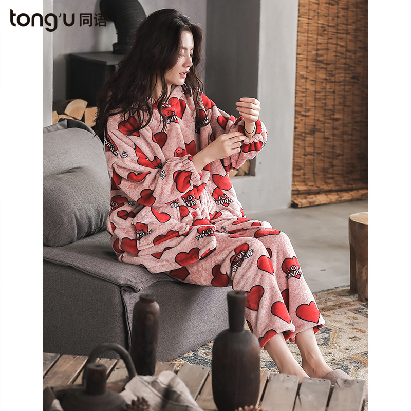 Hominin coral suede pyjamas woman autumn winter days plus suede thickened polo dot home lady spring and autumn flannel suit