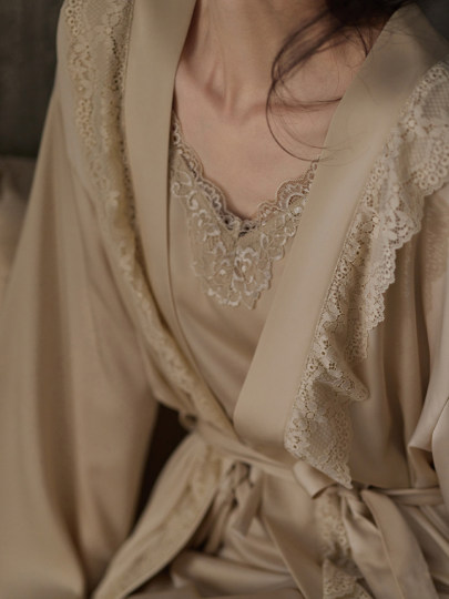 同语睡袍女春秋冬季冰丝长袖家居服睡裙晨袍浴袍薄新款睡衣女套装