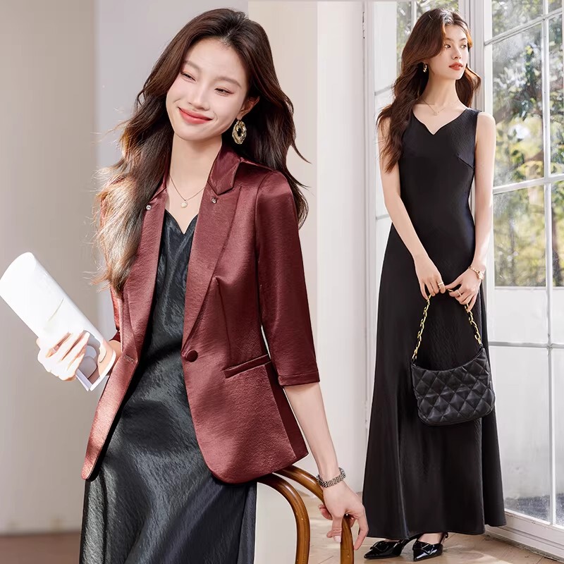 Acetate Satin Blazer for Women, Summer Thin Style, 2026 New Model, High-End Professional Small Suit Dress Set