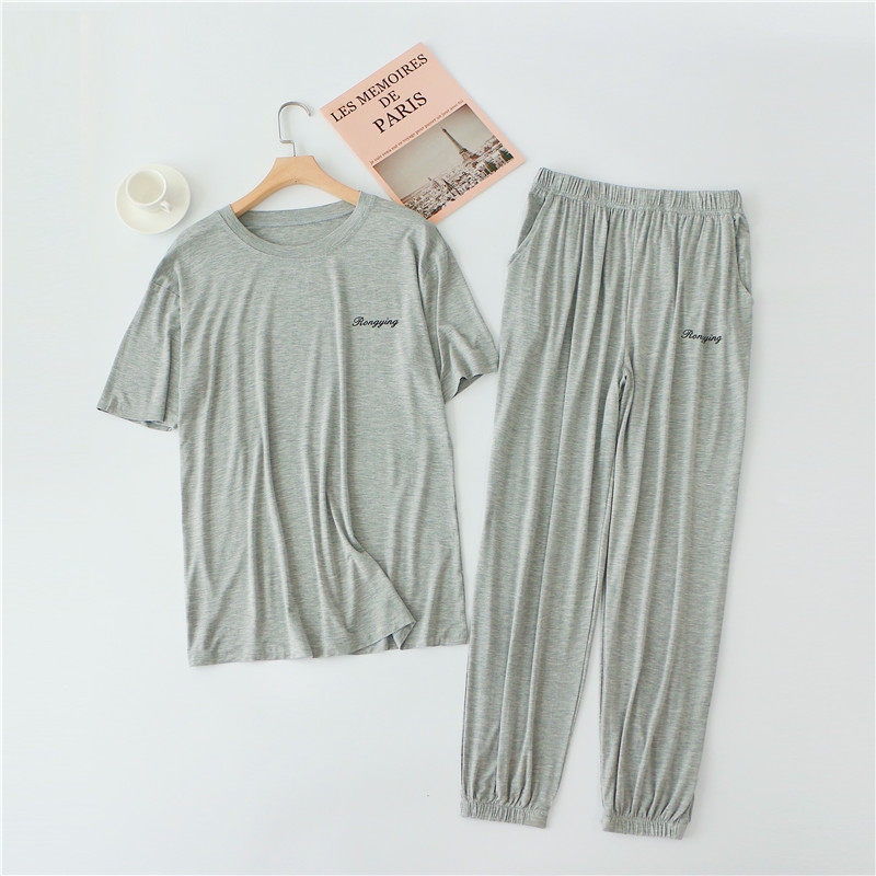 Summer modal men's two-piece short-sleeved trousers pajamas thin home service ice silk suit can go out gray