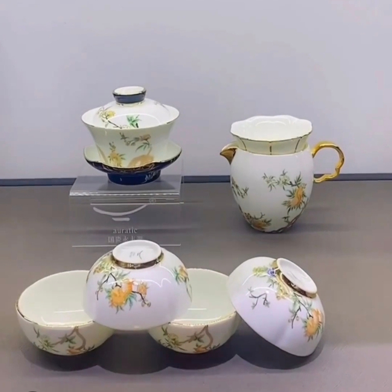 【Authentic】Yongfengyuan Lady Porcelain - Pomegranate Home 8-Piece/9-Piece/12-Piece 4-Person Tea Set for Unlimited Drinking