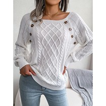 Women Casual Square Collar Buttons Long Sleeve Knitted Pullo