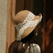 2023 Spring and summer fiber lace hat lace along the sun hat fisherman weaves the hat retro Hepburn eaf hat
