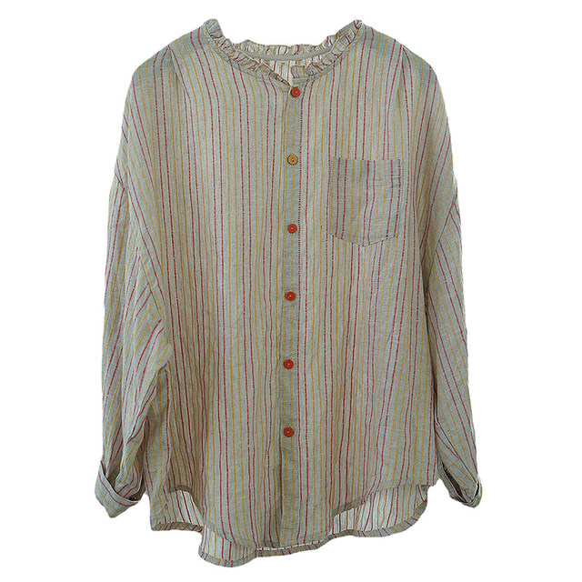 Pleated sleeves doll collar yarn-dyed striped linen long-sleeved loose style shirt women's design Hong Kong style retro spring