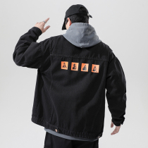 Denim coat mens Spring and Autumn Tide brand 2021 new trend jacket loose print black casual tooling jacket