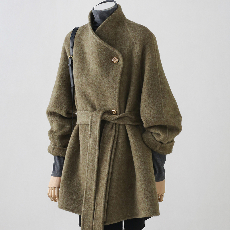 Retro Style Korean Style Olive Green Wool Outwear for Women 2026 Autumn and Winter New High-End Short Lapel Woolen Outwear