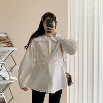 2021 new maternity coat spring and autumn wild size ruffle doll collar waist drawstring design shirt