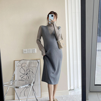2021 Gestational Woman Dress Early Autumn New elastic loose Jane about 100 hitch long section V collar knit dress suit