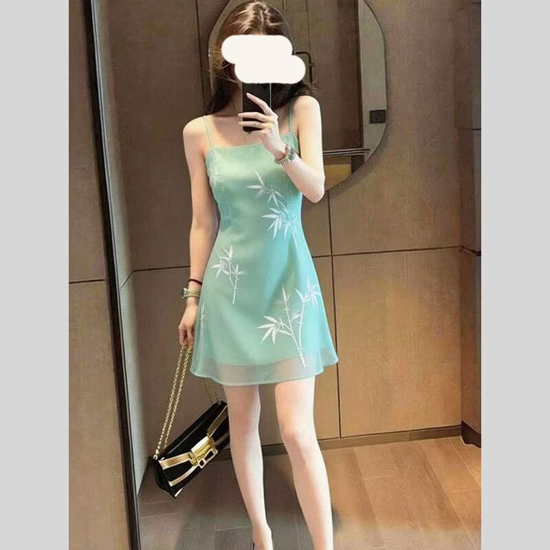 2026 Summer New Style Daily New Chinese Style Bamboo Leaf Print Sleeveless Dress Women's Slim Fit Short Skirt Green Suspender Skirt 2026 Summer New Style Daily New Chinese Style Bamboo Leaf Print Sleeveless Dress Women's Slim Fit Short Skirt Green Suspender Skirt