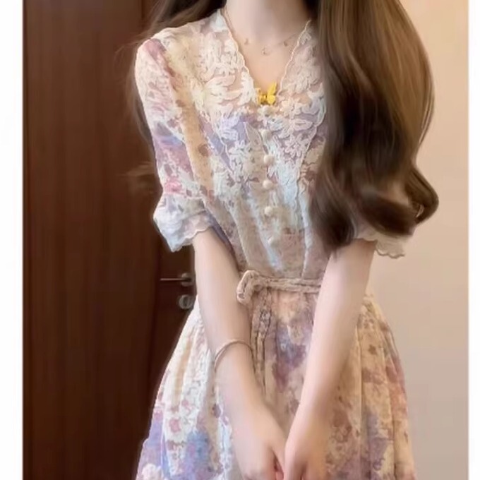 French-Style Romantic Colorful Jacquard Lace Patchwork V-Neck Dress with Waist-Cinching Drawstring, Elegant Long Dress with a Sense of Atmosphere, Women's Clothing French-Style Romantic Colorful Jacquard Lace Patchwork V-Neck Dress with Waist-Cinching Drawstring, Elegant Long Dress with a Sense of Atmosphere, Women's Clothing