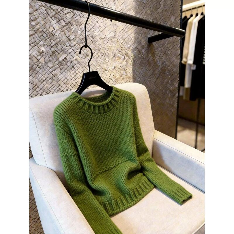 Retro High-End Green Knitwear Sweater Autumn and Winter New Korean Style Slimming Look Lazy Short Round Neck Knitted Top for Women Retro High-End Green Knitwear Sweater Autumn and Winter New Korean Style Slimming Look Lazy Short Round Neck Knitted Top for Women