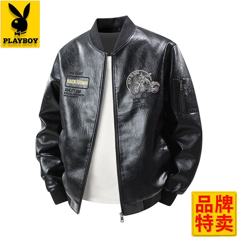 Playboy Baseball Collar Motorcycle Leather Jacket Men's Coat with Fleece Lining, Thickened, New Autumn and Winter Korean Style Embroidered Leather Jacket Playboy Baseball Collar Motorcycle Leather Jacket Men's Coat with Fleece Lining, Thickened, New Autumn and Winter Korean Style Embroidered Leather Jacket