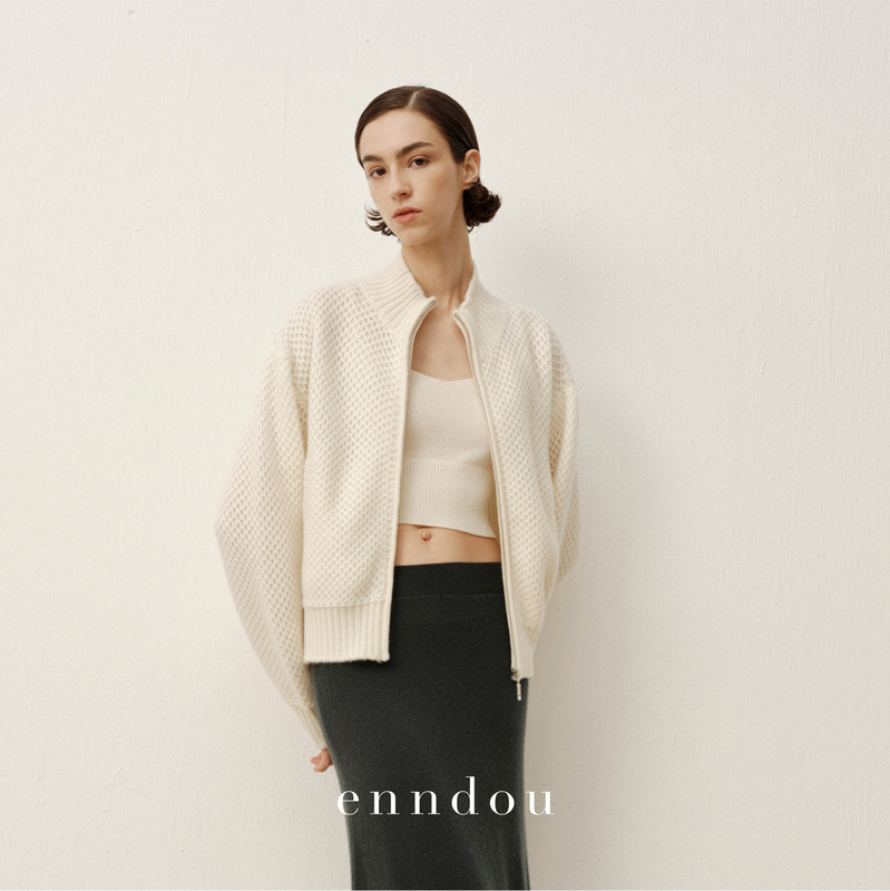 Enndou Autumn and Winter New 100% Cashmere Stand-Up Collar Mesh Plaid Zipper Knit Cardigan with Unique Design Niche Knitwear