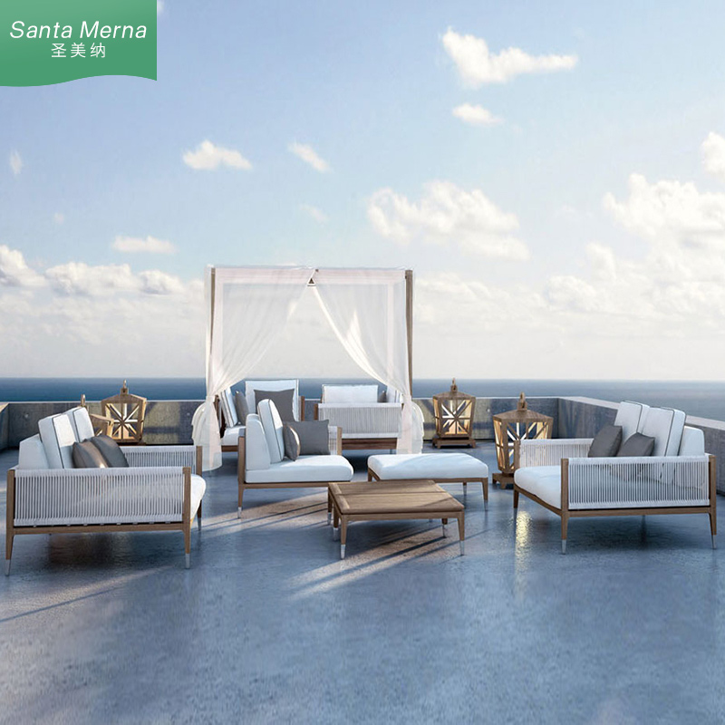 Teak outdoor sofa open-air rattan sofa Living room Single vines Sofa-Sofa Chair Solid Wood Tea Table Courtyard Casual Furniture