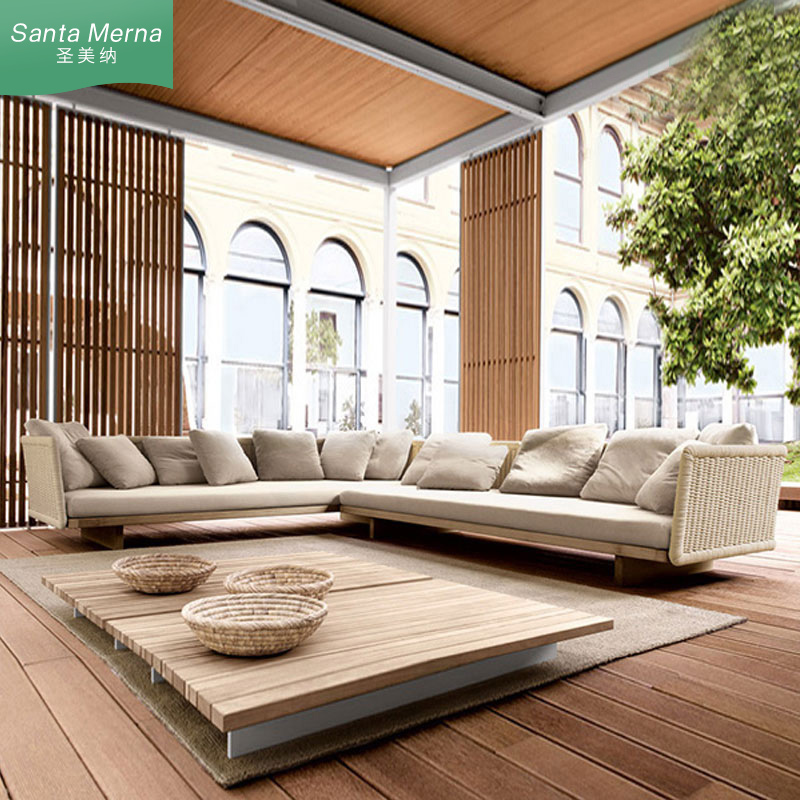 Outdoor teak sofa open-air courtyard model house rattan woven solid wood sofa coffee table combination garden waterproof sun protection