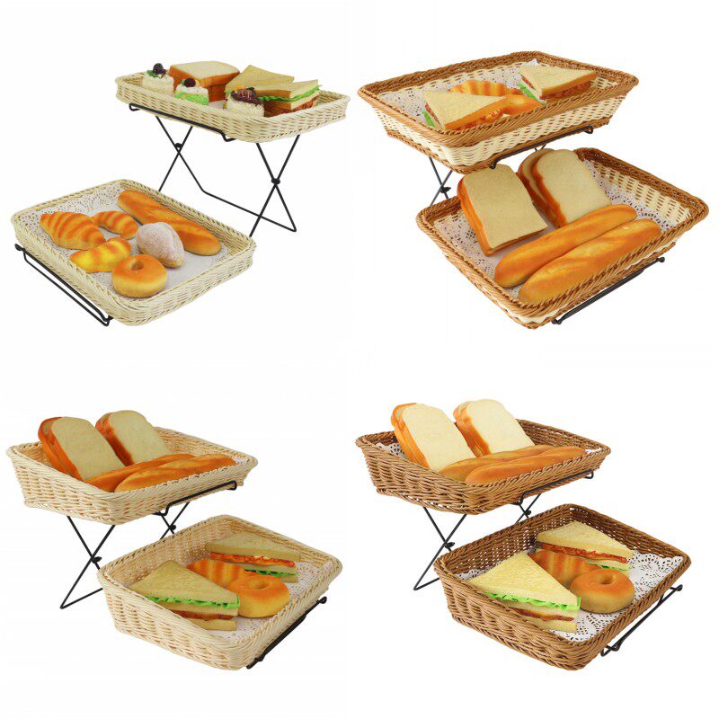 Double Layer Rattan Bread Basket Delicate Cake Refreshment Rack Fruit Snacks Buffet Tray Baking Cake Box Wood Tray