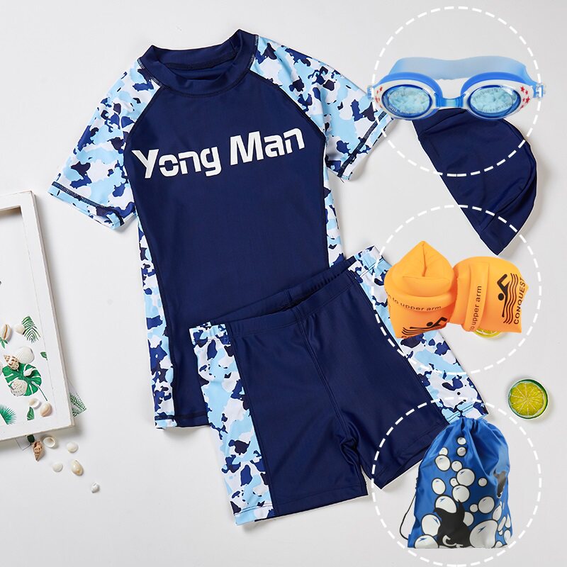 Boy swimsuit student school swimming class Big Boy split swimming trunks children Quick Dry Sunscreen Primary School students swimming cap