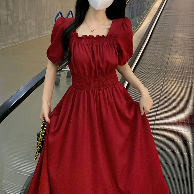 French Retro Red Square-Neck Elastic Waist Ankle-Length Dress for Women, Summer Plus Size Hepburn Style Tummy-Covering Dress