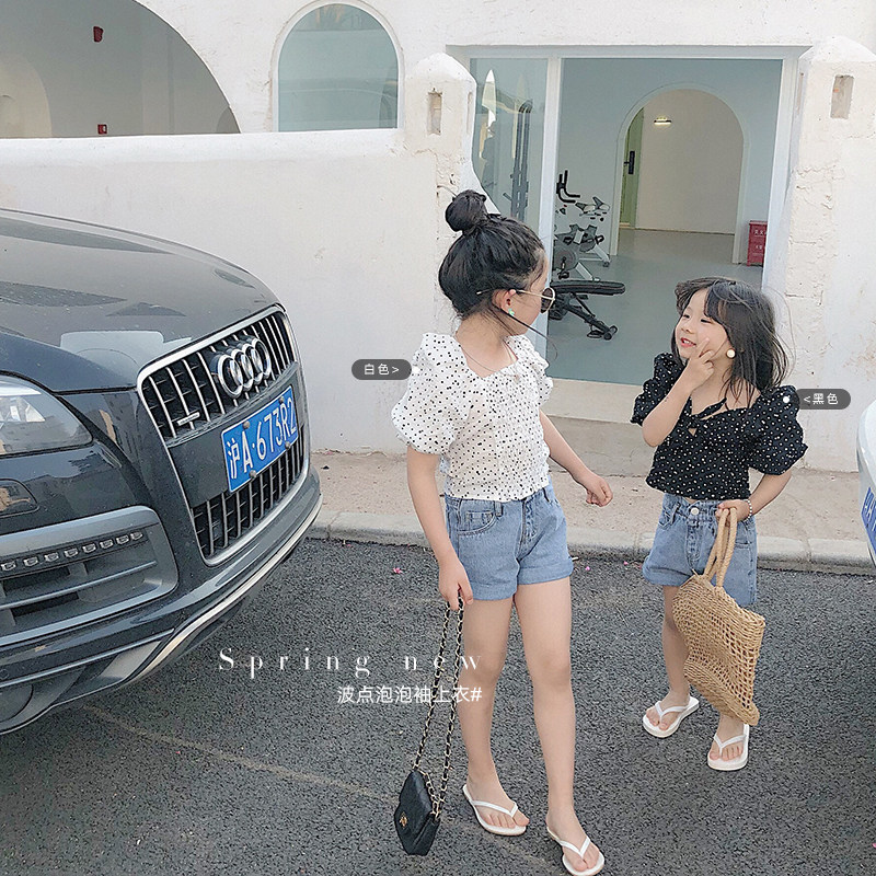 Salted egg shrimp rice girl black and white dot puff sleeves T shirt toddler summer clothing T children before and after two wearing short-sleeved tops