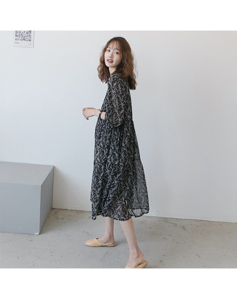 Платье для беременных 孕妇夏装，长及膝碎花雪纺春秋季长裙，韩式v领大码宽松连衣裙