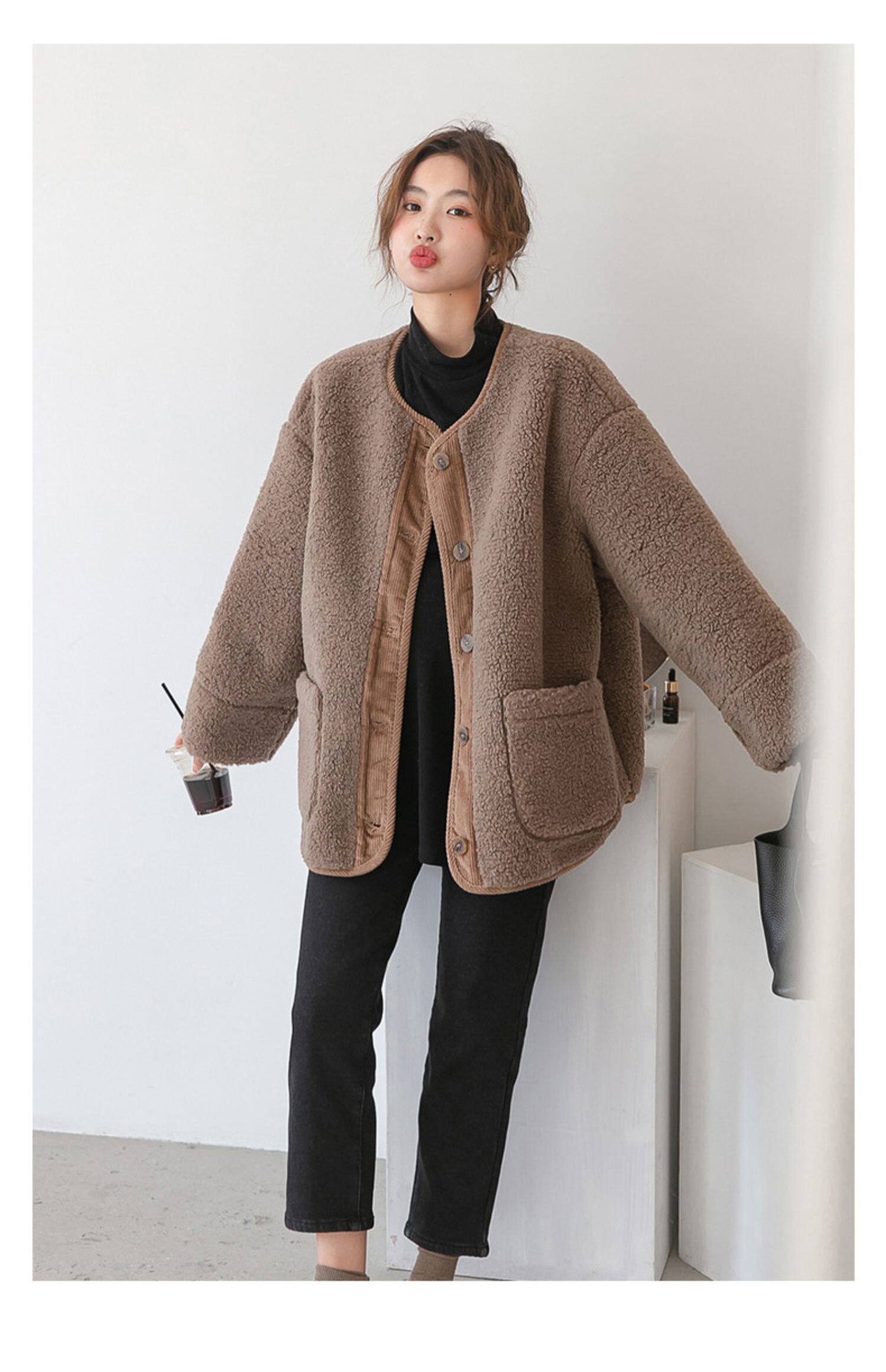 Пальто для беременных 孕妇装秋冬新款宽松大码遮肚显瘦无领羊羔毛保暖外套