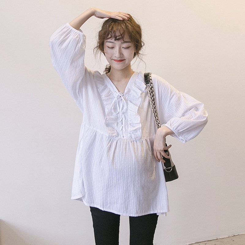 Pregnancy Woman Dress Korean Version Loose Large Size size Long sleeve blouse Lotus Leaf lace Shirt Spring Autumn Season V Collar Cotton Pure Cotton White Shirt