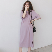 Pregnant woman Summer clothes polo Knee Long Skirt Dress Dress Summer Long length T-shirt pure cotton can breastfeed loose Korean version