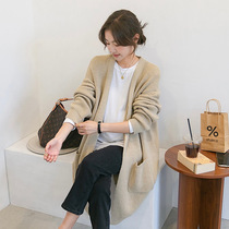 Soft and waxy maternity wear spring autumn and winter mid-length Korean style outer wear gray V-neck knitted cardigan windbreaker sweater jacket