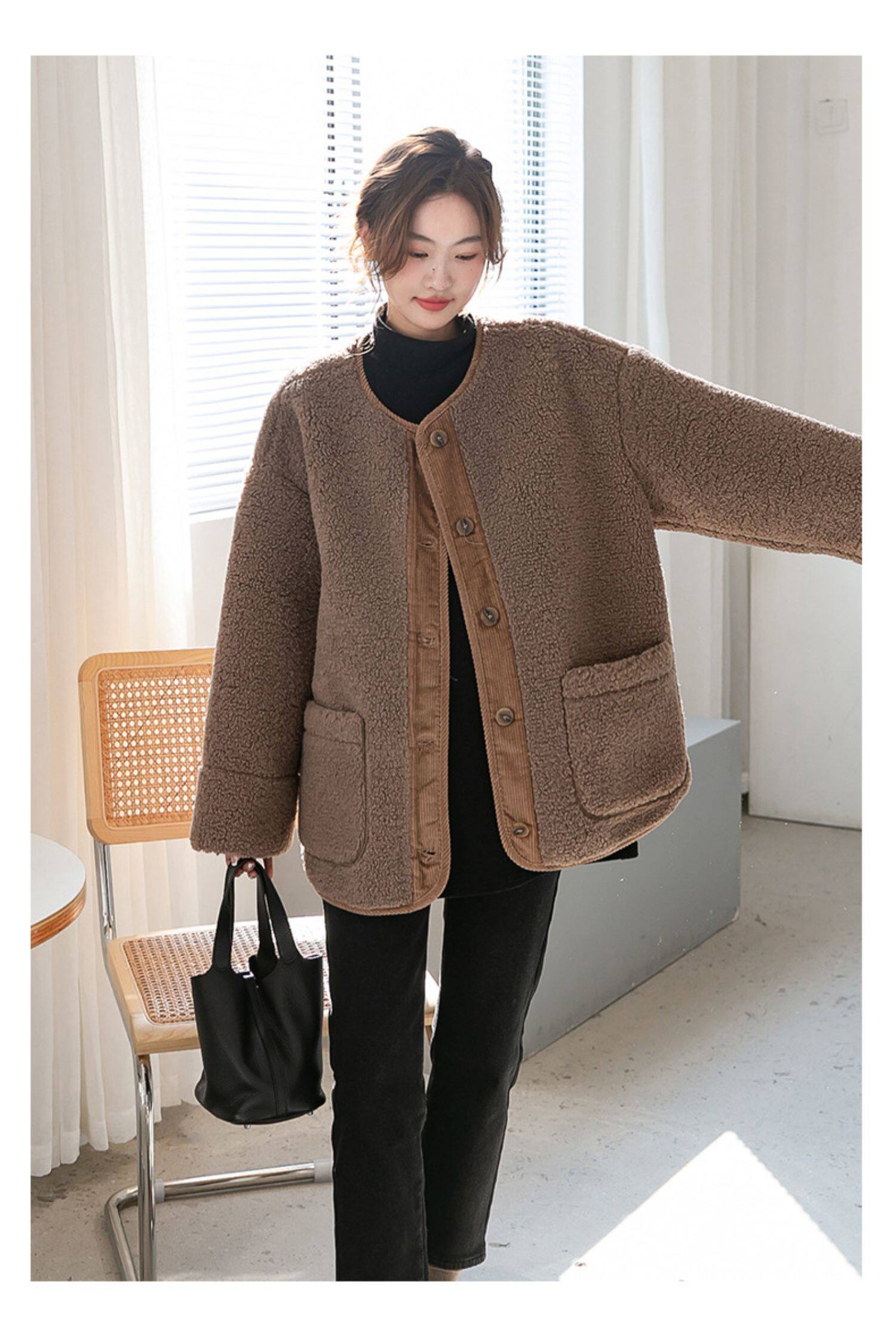 Пальто для беременных 孕妇装秋冬新款宽松大码遮肚显瘦无领羊羔毛保暖外套