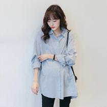 Maternity wear spring and autumn Korean style shirt blue pure cotton top loose large size coat pregnancy long sleeve mid-length