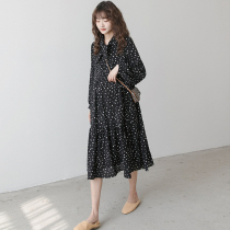 Pregnant women's clothes spring and autumn Korean version of loose long knee skirt temperament floral wave point chiffon dress