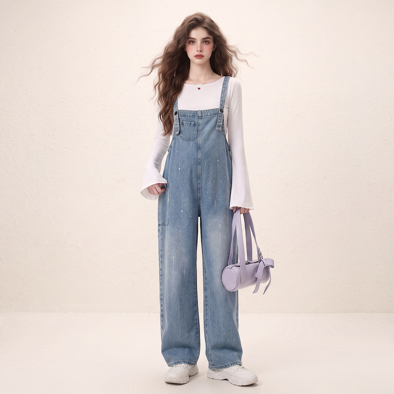 Maternity Wear with Flared Sleeves, Air Cotton T-Shirt Set, Hong Kong Style, Relaxed Fit, Rhinestone Wide-Leg Pants Two-Piece Set, Playful and Cool