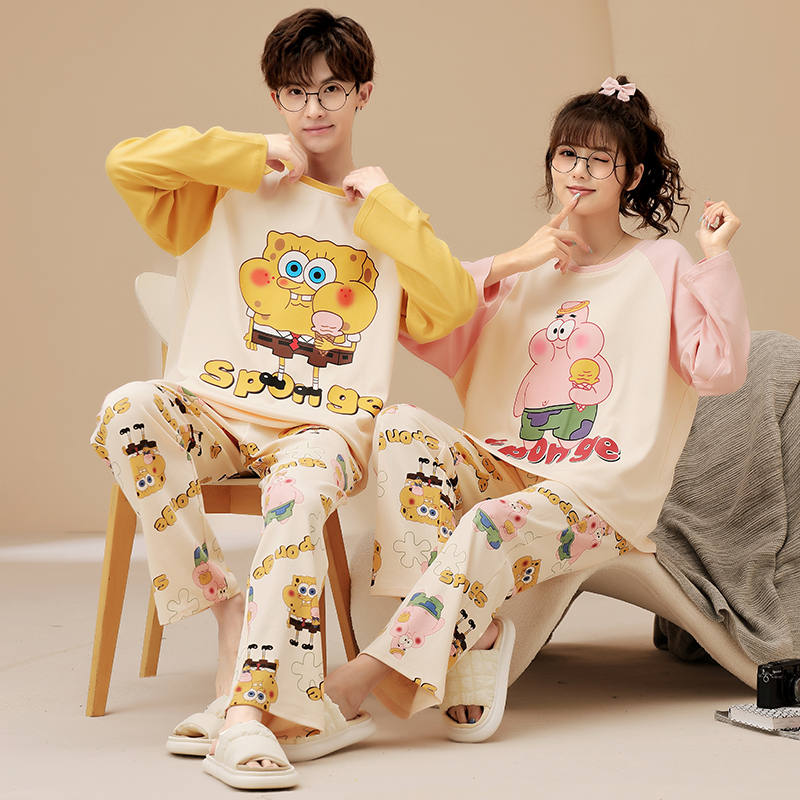 2 Sets Price: Couple Pajamas, One for Men and One for Women, Spring and Autumn Pure Cotton Long-Sleeved Long Pants, Cute Autumn and Winter Home Wear Set